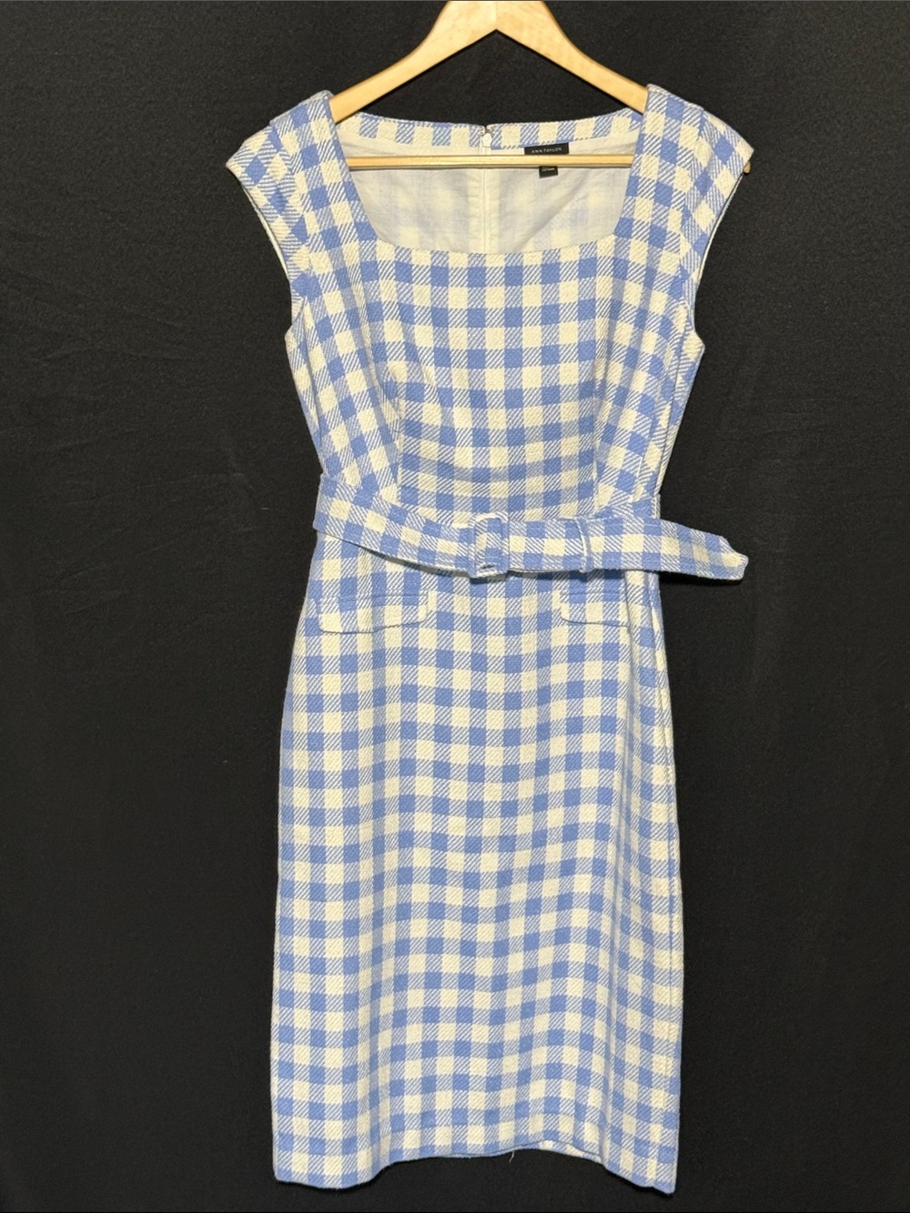 Ann Taylor Light Blue and White Gingham Midi Dress with Belt